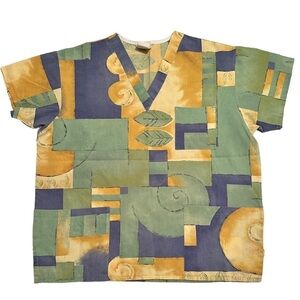 Peaches Uniforms V-Neck Scrub Top Womens Large Polyester Cotton Blue Green Gold